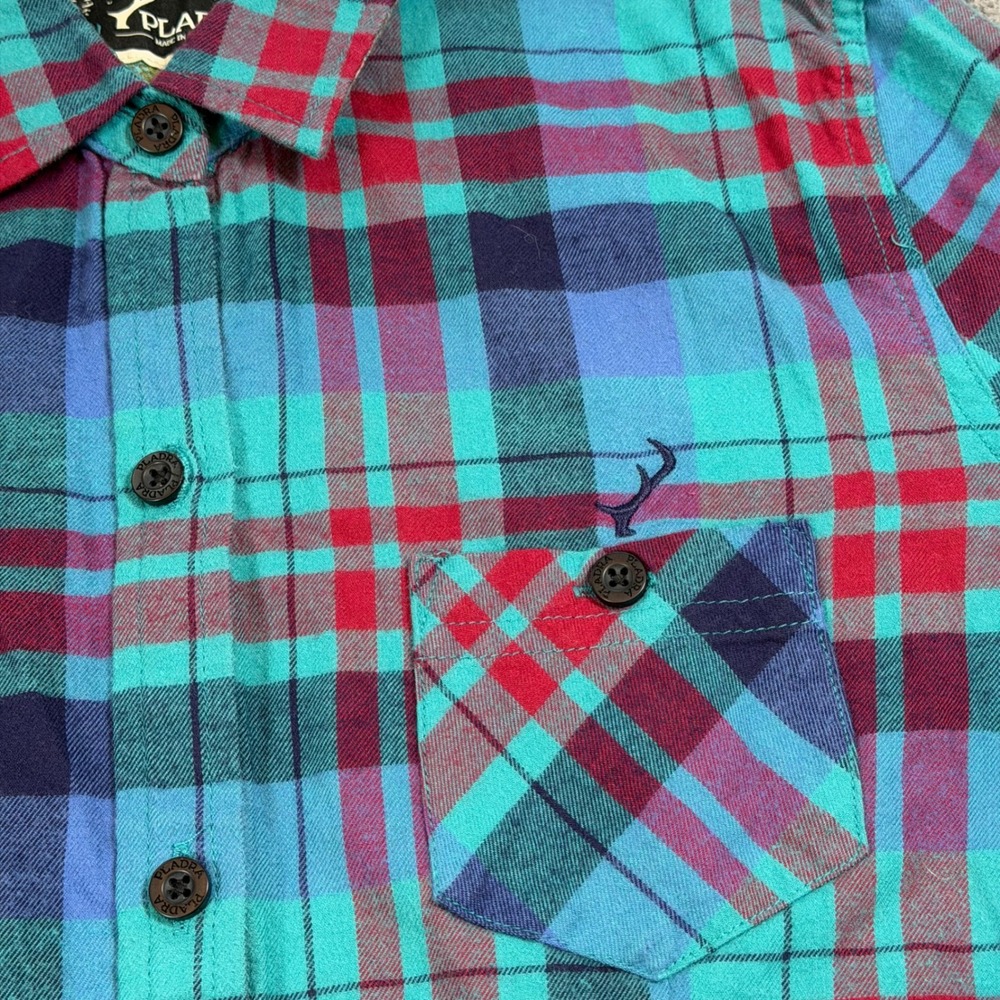 Pladra Womens Flannel Shirt Small Plaid Teal Red Fish Print Lining Made in USA - Picture 2 of 11